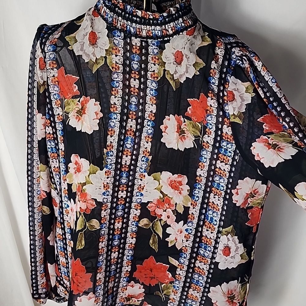 Sheer Floral Long Sleeved Blouse Ruffled Neckline Whimsigoth Fairy Goth